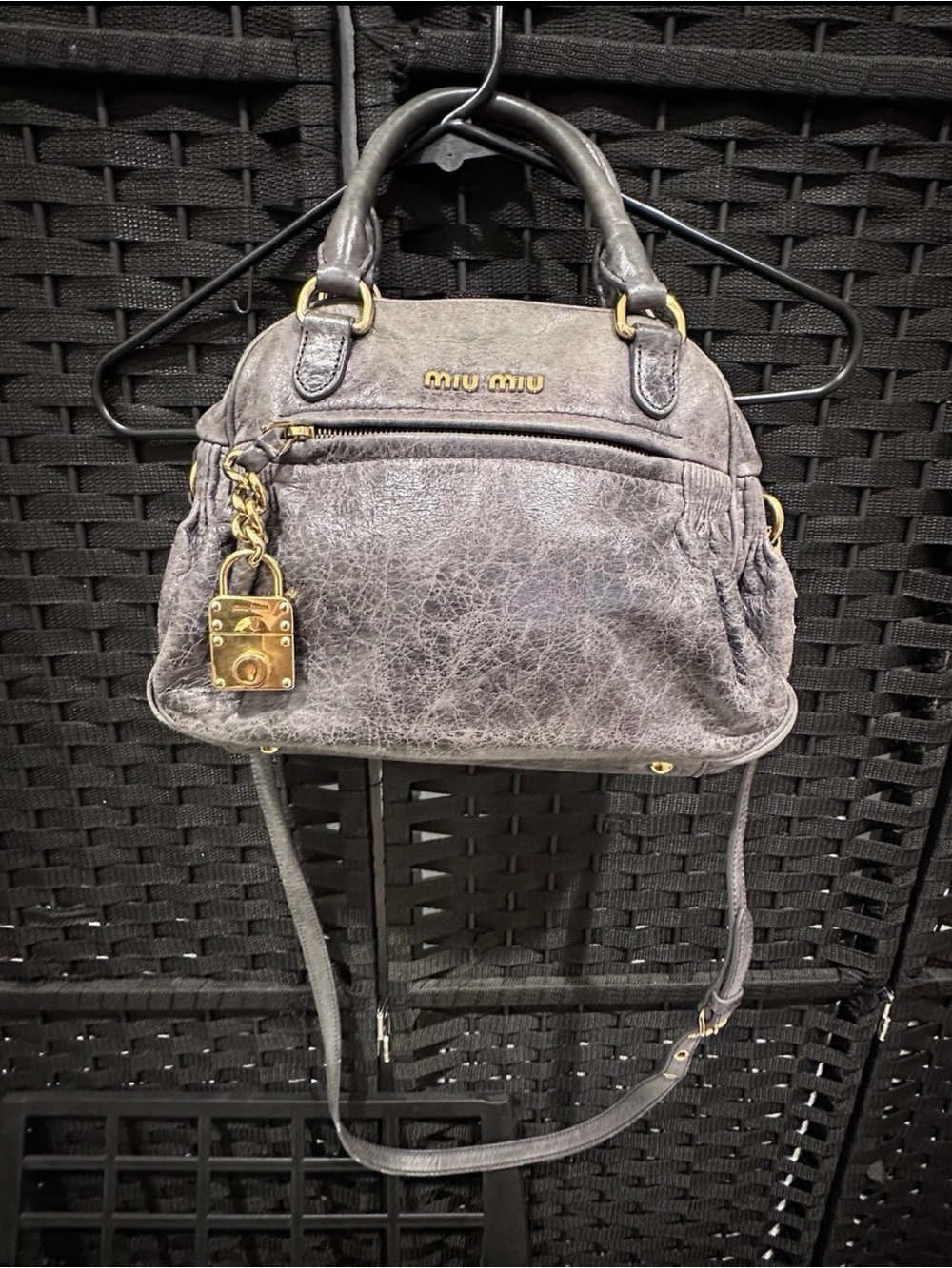 Autentic Miu Miu Gray Distressed Leather Satchel with Gold Hardware